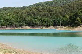 A body of water with greenery in the distance.