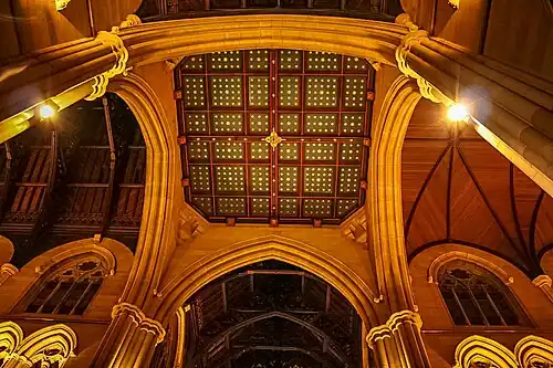 The ceiling of the central bell tower is of painted oak