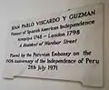 A memorial plaque to Juan Pablo Vizcardo at St. Patrick's Church, London.