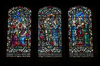 The northern Derbyshire Window, by James Powell and Sons a.k.a. Whitefriars Glass, in the Lady Chapel, depicting the Adoration of the Magi, Annunciation and Presentation of Jesus at the Temple, 1951.