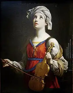 Oil painting of Saint Cecilia holding violin and bow, 1606, by Guido Reni.