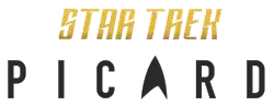 Over a white background the words "Star Trek" are written in yellow letters above the word "Picard" in black, with the 'A' in "Picard" replaced by the Starfleet logo.