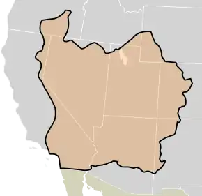 The boundaries of the provisional State of Deseret (orange with black outline) as proposed in 1849. Modern state boundaries are underlaid for reference.