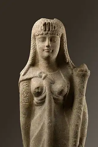 A marble statue of Cleopatra with her cartouche inscribed on the upper right arm and wearing a diadem with a triple uraeus, from the Metropolitan Museum of Art[463]