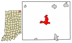 Location of Angola in Steuben County, Indiana.