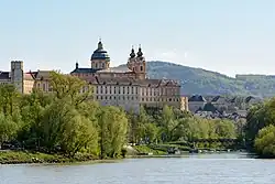 North side of Melk Abbey and entry of Melk river into the Danube