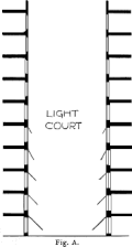 A scheme for a light well, with progressively larger prism canopies lower down
