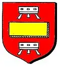 Gules, a fess humette or, between two trestles, argent