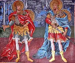 SS Theodore of Amasea (left) and Theodore of Heraclea (right) in a fresco at Rila Monastery, Bulgaria (c. 19th cent.)