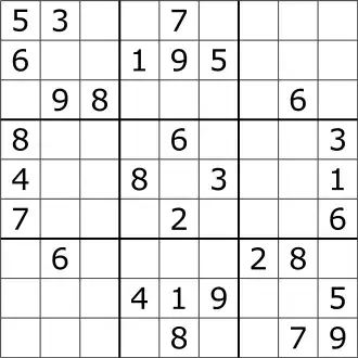 A typical Sudoku puzzle, a 9x9 grid with several numbers missing