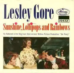 Cover art featuring a young woman singing to other young people, with the words "Lesley Gore – Sunshine, Lollipops and Rainbows"