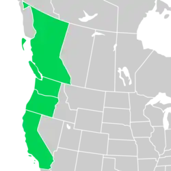 Symphyotrichum chilense distribution map: Canada — British Columbia; US — Washington, Oregon, and California including the Channel Islands.