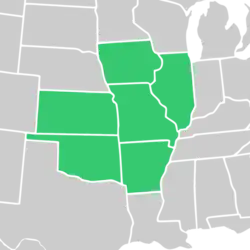Symphyotrichum parviceps native distribution map: US — Arkansas, Illinois, Iowa, Kansas, Missouri, and Oklahoma