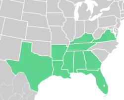 Symphyotrichum pratense native distribution map: US — Alabama, Arkansas, Florida, Georgia, Kentucky, Louisiana, Mississippi, Tennessee, Texas, and Virginia.