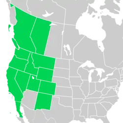 Distribution map of Symphyotrichum spathulatum: Canada — Alberta and British Columbia; Mexico — Baja California; US — California, Colorado, Idaho, Montana, Nevada, New Mexico, Oregon, Utah, Washington, and Wyoming.
