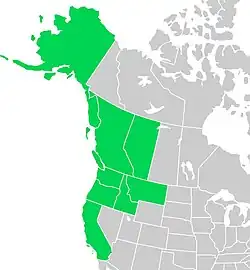 Symphyotrichum subspicatum native distribution map: Canada — Alberta and British Columbia; US — Alaska, California, Idaho, Montana, Oregon, and Washington.