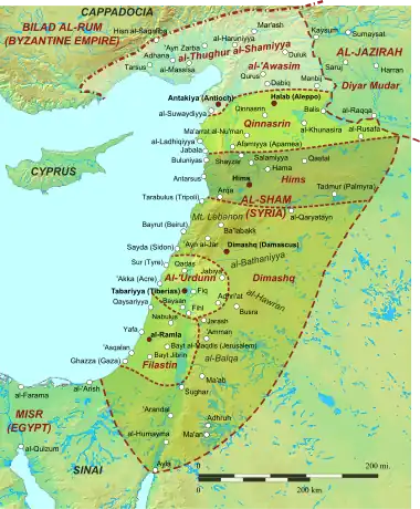 Geophysical map of the Levant, with major cities and boundaries of the early Islamic provinces marked