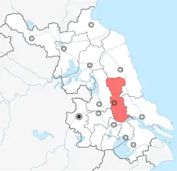Taizhou's administrative area highlighted within Jiangsu province