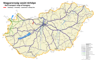 Route map of railways in Hungary showing the Környe–Oroszlány railway line