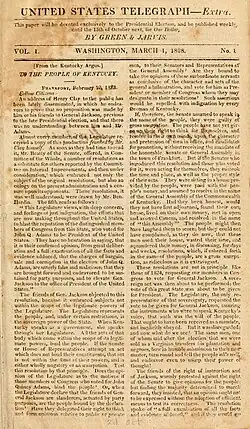The front page of the United States Telegraph Extra for March 1, 1828