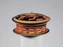 Example of a "Type II", Low Concave-sided, Pyxis c. 400 BC - Metropolitan Museum of Arts