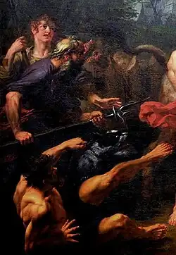 The group of warriors on the left-hand side of the painting