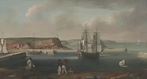 A three-masted sailing ship leaves a busy seaport while five men watch from the shore. The seaport is flanked by green hills beneath a cloudy sky.