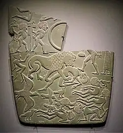 The Battlefield Palette, possibly showing the subjection of the people of the Buto-Maadi culture, by the Egyptian rulers of Naqada III, circa 3100 BC.[121]