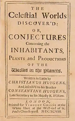 Page reading "The Celestial Worlds Discovered: Or, Conjectures Concerning the Inhabitants, Plants and Productions of the Worlds in the Planets"