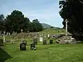 A stone cross and steps next to a yew tree in a graveyard, with a field with sheep in the background