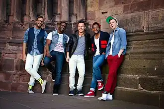 The Exchange during a 2014 photo shoot in Freiburg, Germany. From left to right: Christopher Diaz, Alfredo Austin, Richard Steighner, Jamal Moore, and Aaron Sperber.