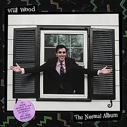 Will Wood reaches out with open arms from an open window; the picture is surrounded by a black frame with colorful zig-zags scattered around and the album's name and author written in a serif font that has been wriggled around