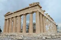 The Parthenon on the Athenian Acropolis, the most iconic Doric Greek temple built of marble and limestone between circa 460-406 BC, dedicated to the goddess Athena[28]