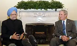 The Prime Minister, Dr. Manmohan Singh with the American President, Mr. George W. Bush interacting with media at oval office, in Washington DC