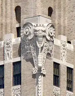 Art Deco elephant mascaron on the Barclay–Vesey Building (formerly the New York Telephone Company Building), New York City, architect Ralph Thomas Walker, sculptors Ulysses Ricci and John De Cesare, 1923-1927[52]