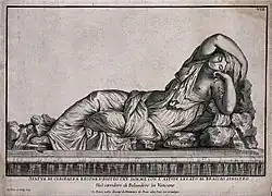 The suicide of Cleopatra: the asp is wriggling up the left arm of the sleeping Cleopatra (after the Sleeping Ariadne), engraving by Jean-Baptiste de Poilly (1669–1728)