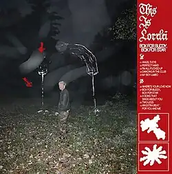 A blurred photo of an man standing in a field with scrawling on it and a strip along the side with details about the album