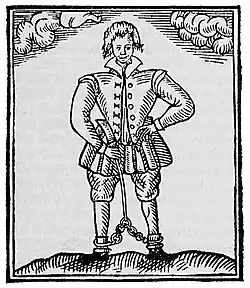 A crudely printed, full-length picture of a standing man. He is in Elizabethan-style clothing and chains are around his ankles