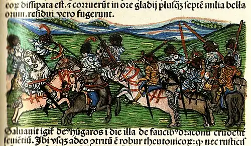 Chronica Hungarorum, Thuróczy chronicle, Battle of the Fischa in 1146, King Géza II of Hungary, Palatine Belos, Duke Henry X, battle, Hungary, Austria, Germans, horses, fight, armored soldiers, cavalry, medieval, Hungarian chronicle, book, illustration, history