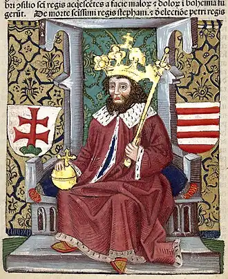 Chronica Hungarorum, Thuróczy chronicle, King Peter Orseolo of Hungary, throne, crown, orb, scepter, double cross, Árpád stripes, Hungarian coat of arms, medieval, Hungarian chronicle, book, illustration, history