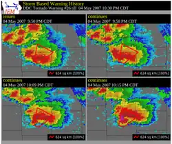 A quad-panel display of radar imagery and a red polygon in front of a "hook echo" that makes up part of this imagery. The red polygon is the bounds of a tornado warning.