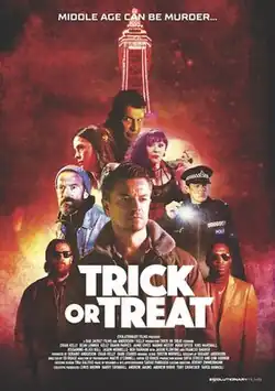 Poster for the film Trick or Treat featuring a montage of characters, with a serious-looking man in a brown jacket in the foreground. Other characters, including a police officer, a woman in gothic attire, and various mysterious figures, are layered behind him. The background is a fiery red, with the Blackpool Tower looming ominously at the top.