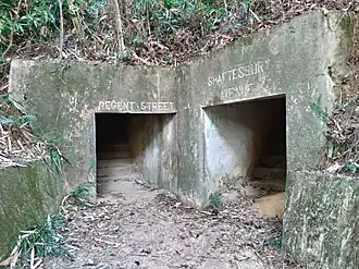 Two tunnel entrances with "Regent Street" and "Shaftesbury Avenue" etched above, surrounded by vegetation