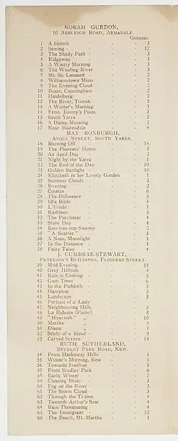 A paper exhibition catalogue with printed text listing paintings by Victorian female artists featured in the Twelve Melbourne Painters exhibition
