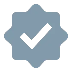 Gray eight-lobed badge with checkmark icon