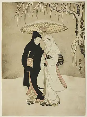 Two Lovers Beneath an Umbrella in the Snow Harunobu, c. 1767