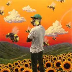 Tyler standing in the middle of a flower field during a sunset, arms crossed and facing away from the viewer, wearing a white shirt and a green cap. Several bees fly around in the sky, one obscuring his face.