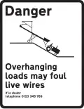 Sign for use at crossings where there are overhead electric wires, and a roadway approach has a steep slope, and a long load, such as farming machinery may strike the wire.