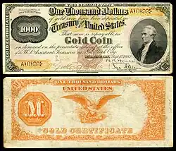 $1,000 Gold Certificate, Series 1882, Fr.1218a, depicting Alexander Hamilton