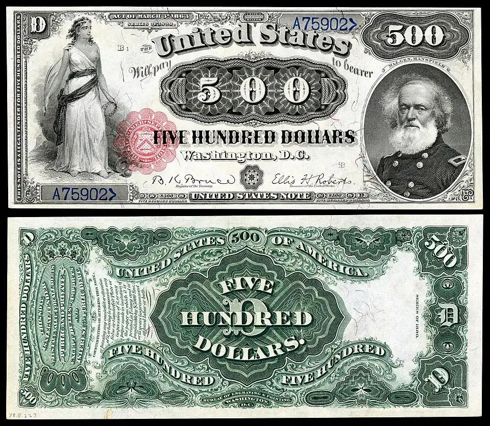 $500 Legal Tender note, Series 1880, Fr.185l, depicting Joseph Mansfield.